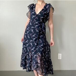 NWOT Drew Navy Floral Maxi Wrap Dress w/Ruffles - Large